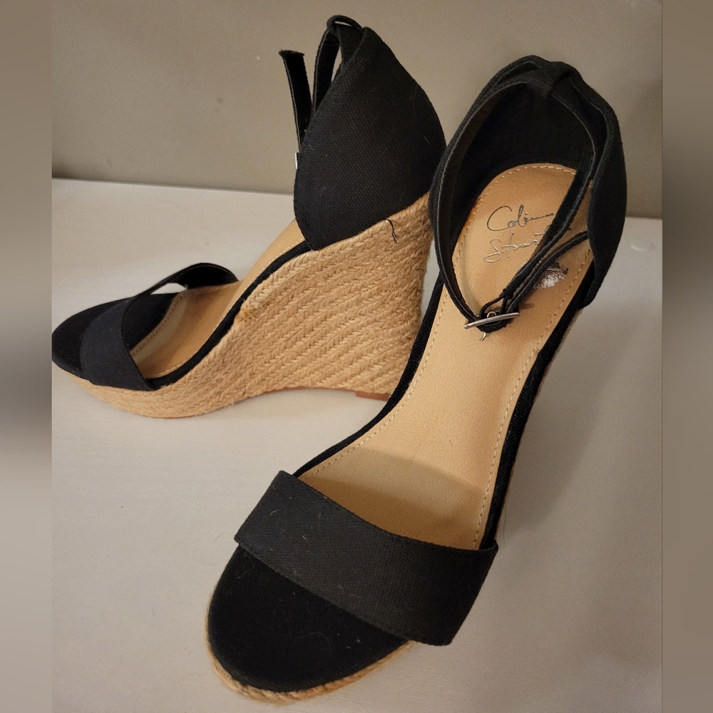 Colin Stuart Black and Tan Wedge Heels With Ankle Strap